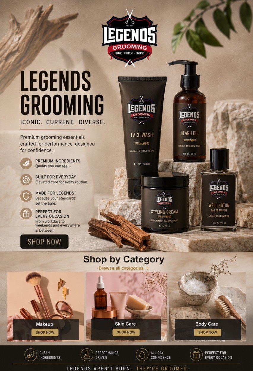 Legends Grooming — face wash, beard oil, styling cream and Wellington eau de parfum